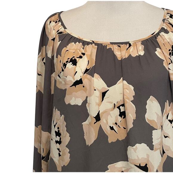 LOFT Floral Blouse Womens Size Large Tall Gray Peach Long Sleeve Career Top - Picture 3 of 9
